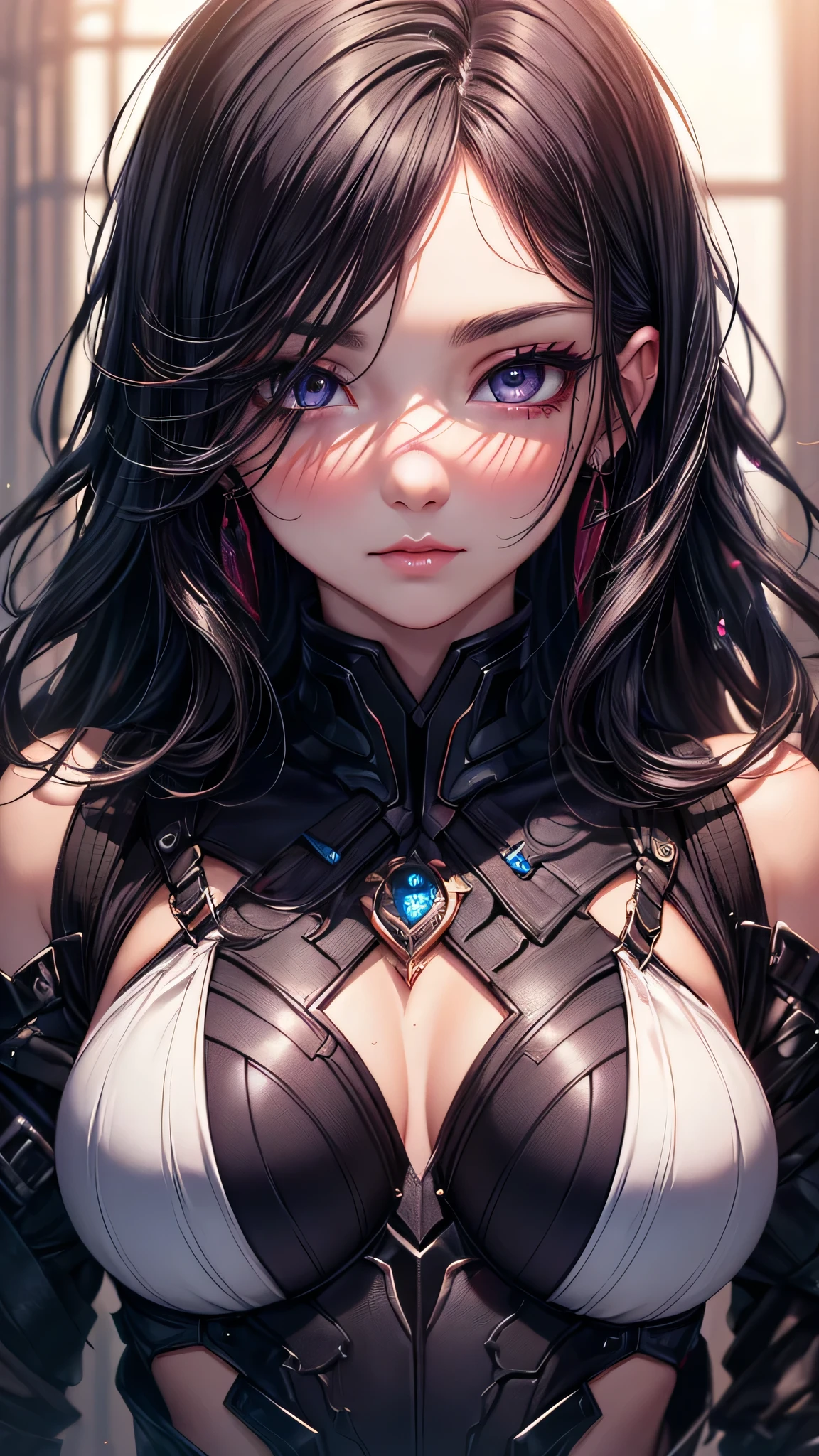 (8K, RAW Photos, Highest quality, masterpiece: 1.2), (Very delicate and beautiful face), (Beautiful eyes in every detail),Upper Body,A woman with wavy black hair and purple eyes, Black alien armor, blush,eye shadow, Cute face