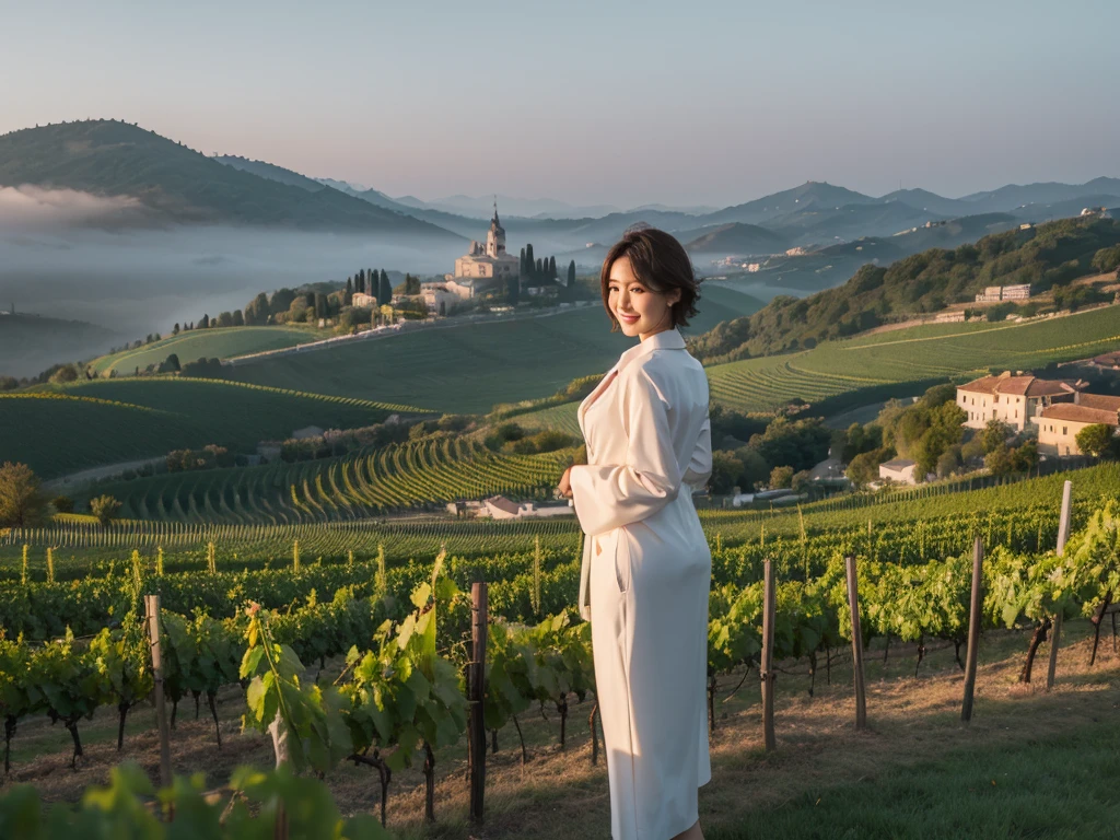 k Best picture quality, Beautiful 36-year-old Korean woman, short and nice weather. Chest size 34 inches, Dense fog at dawn in the Italian countryside, past the vineyard, The cathedral can be seen in the fog on a hill in the distance., The back background is realistic and vivid image quality, short medium hair blowing in the wind, luxury travel clothes. Smile brightly. the background is clear, Short and slim Korean woman, stand far away, Photo taken with a wide-angle lens