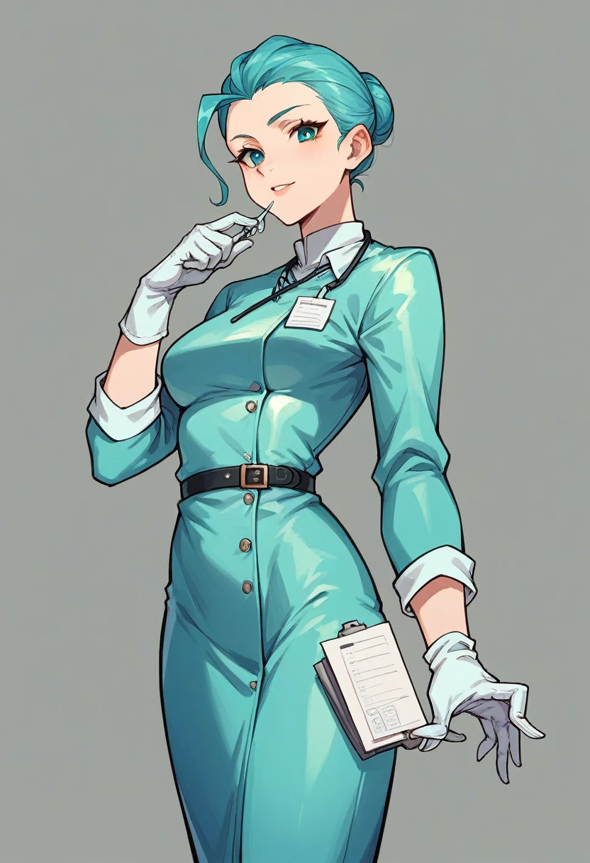 1girl, ((white gloves)), ((surgical gloves)), ((latex gloves)), ((long sleeves)) ((cyan surgeon outfit)), looking at viewer, ((doctor outfit)), standing, solo