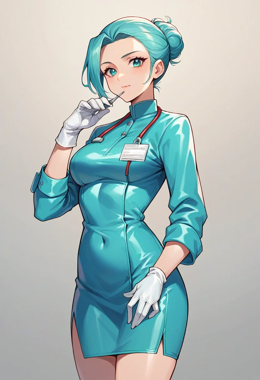 1girl, ((white gloves)), ((surgical gloves)), ((latex gloves)), ((long sleeves)) ((cyan surgeon outfit)), looking at viewer, ((doctor outfit)), standing, solo