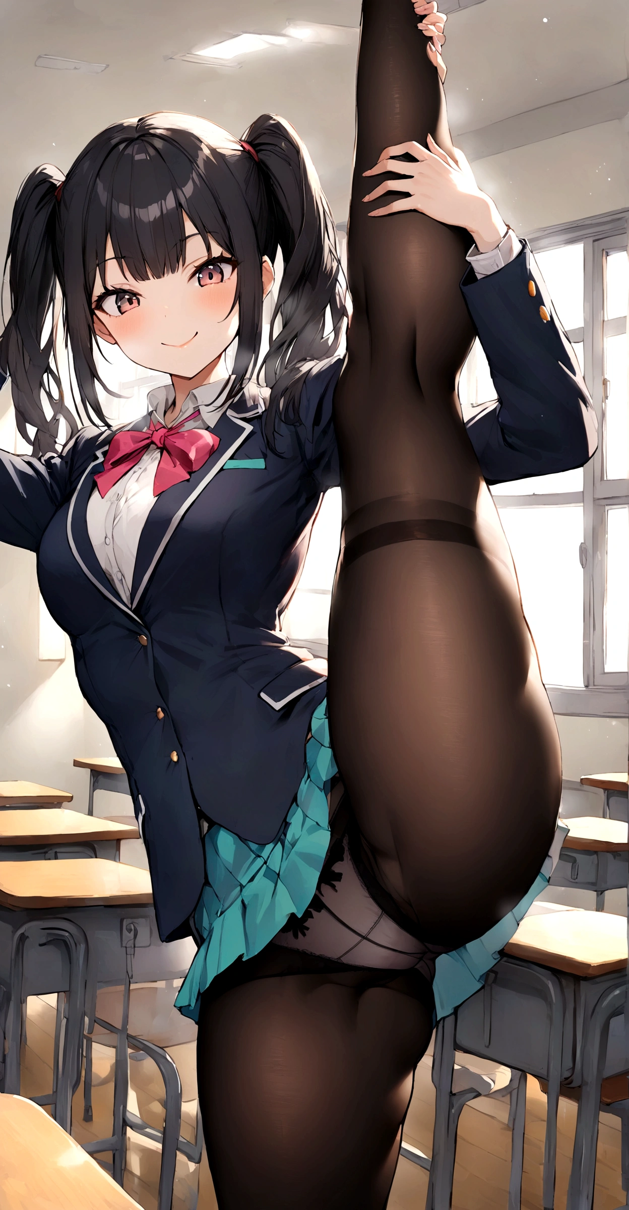 One Girl, Five Fingers, mini skirt, Looking down at the viewer, Twin tails, Highest quality, Focus on the thighs, Dynamic pose, smile, blazer, blouse, Black Pantyhose, panties under pantyhose, Standing Split, classroom, Black Hair, Stylish pose,My thighs are steaming between the legs