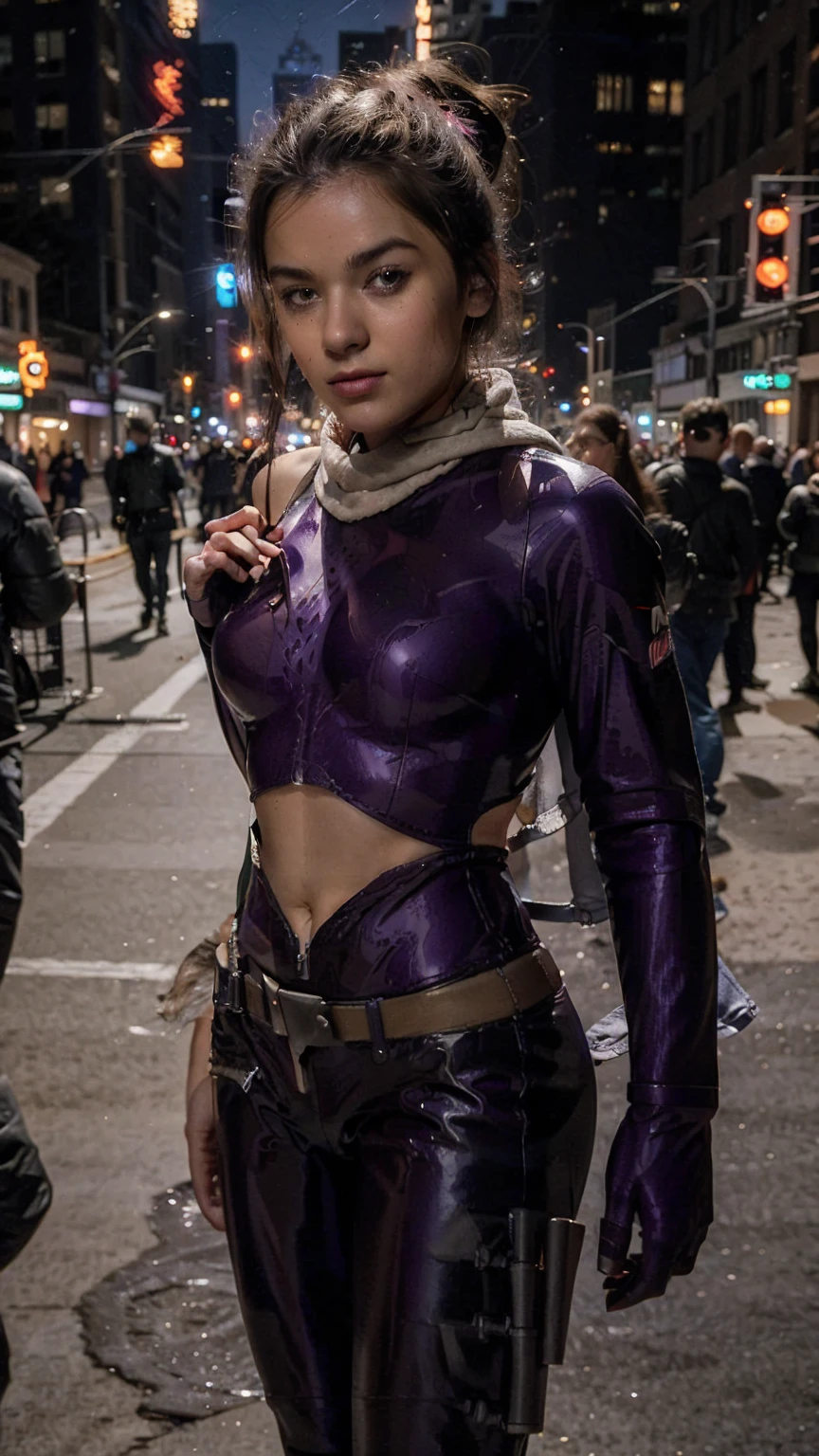 (masterpiece), (photorealistic1.4), (1 girl), (solo), (best quality), (epiCRealLife), (kateb2023 costume), (kateb2023 purple bodysuit), (young woman), (show abs), (ha1leest-smf), (white scarf), (night time), (light smile),, (latex nsfw outfit), (elbow gloves), (abs), (flash photography), (flashphoto), (cowboy shots), (outdoor), (street of new york), (at night), (look at viewers),