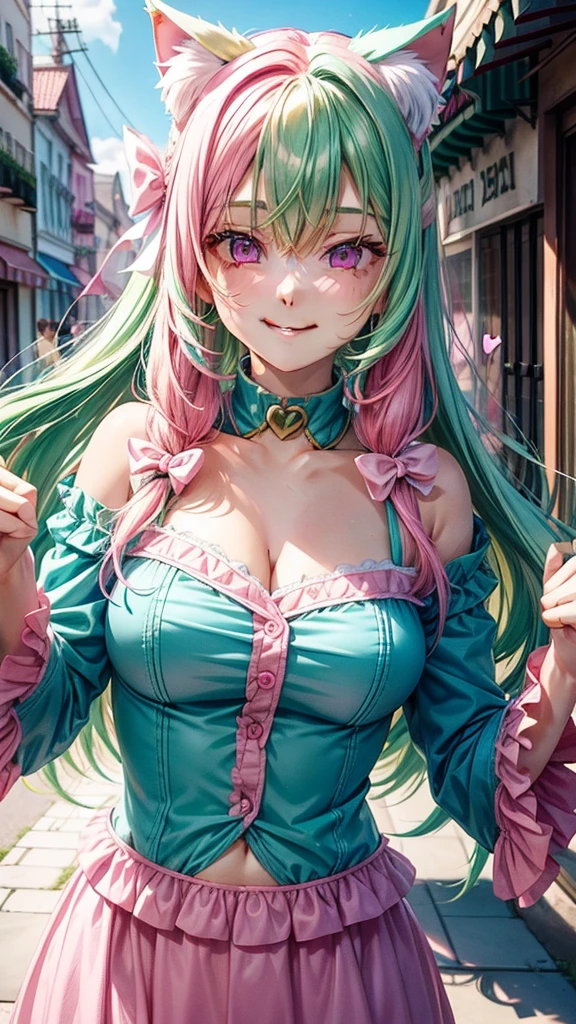 (( Pink green hair color)), pink eyes, woman, teal blue gold clothes,happy face, sexy outfit, cat ears, hearts, floating hearts, face only, long hair, smiling, hair ornament, up close face, sexy clothes, sexy women , closed mouth smile, up close face, hair bows l