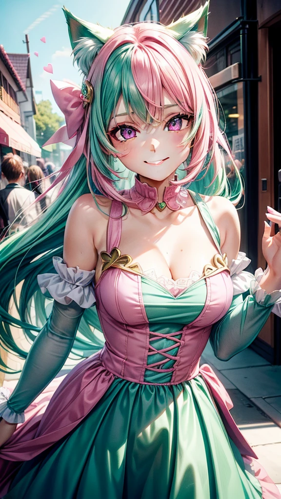 (( Pink green hair color)), pink eyes, woman, teal blue gold clothes,happy face, sexy outfit, cat ears, hearts, floating hearts, face only,  long hair, smiling, hair ornament, up close face,  sexy clothes, sexy women , closed mouth smile, up close face, hair bows l