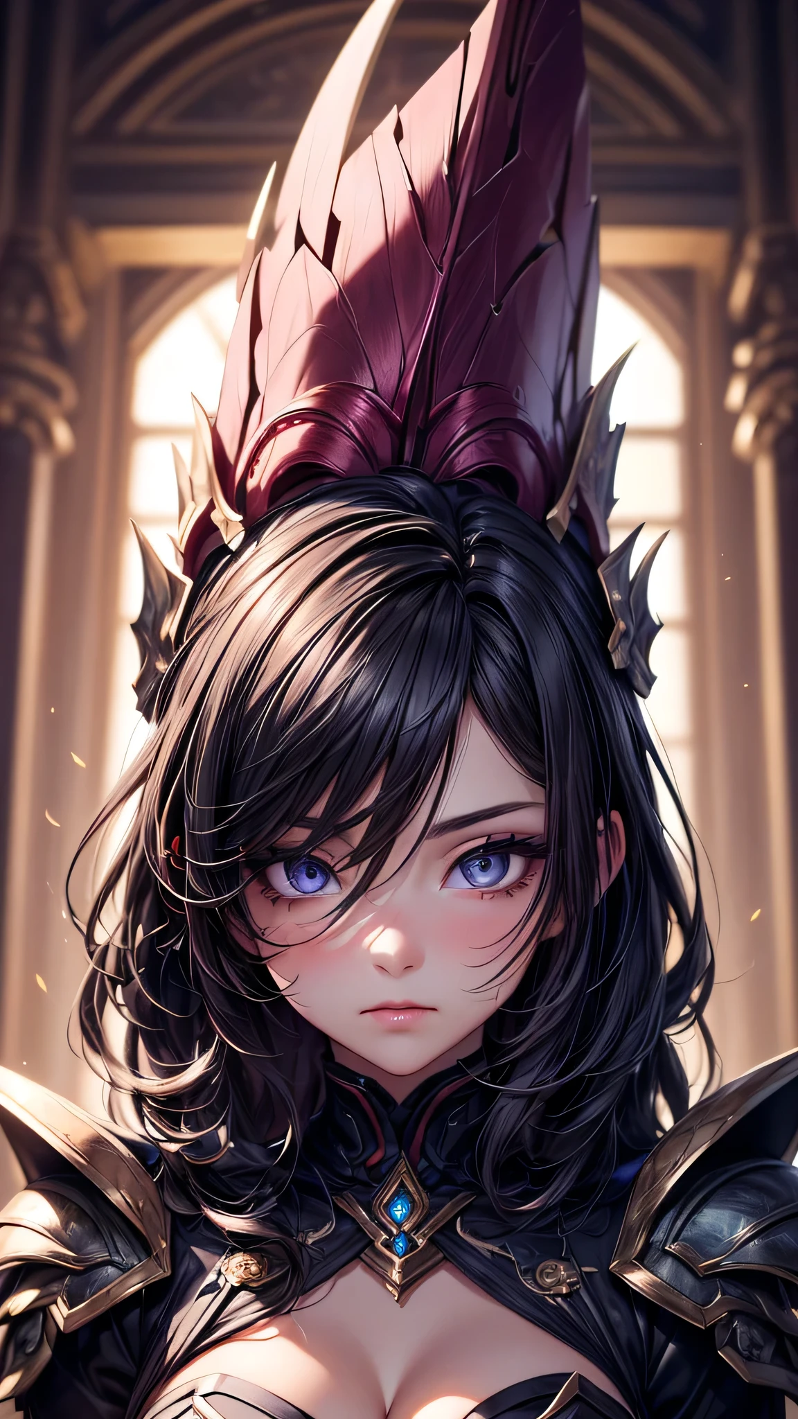 (8K, RAW Photos, Highest quality, masterpiece: 1.2), (Very delicate and beautiful face), (Beautiful eyes in every detail),Upper Body,A woman with wavy black hair and purple eyes, Black alien armor, blush,eye shadow, Cute face