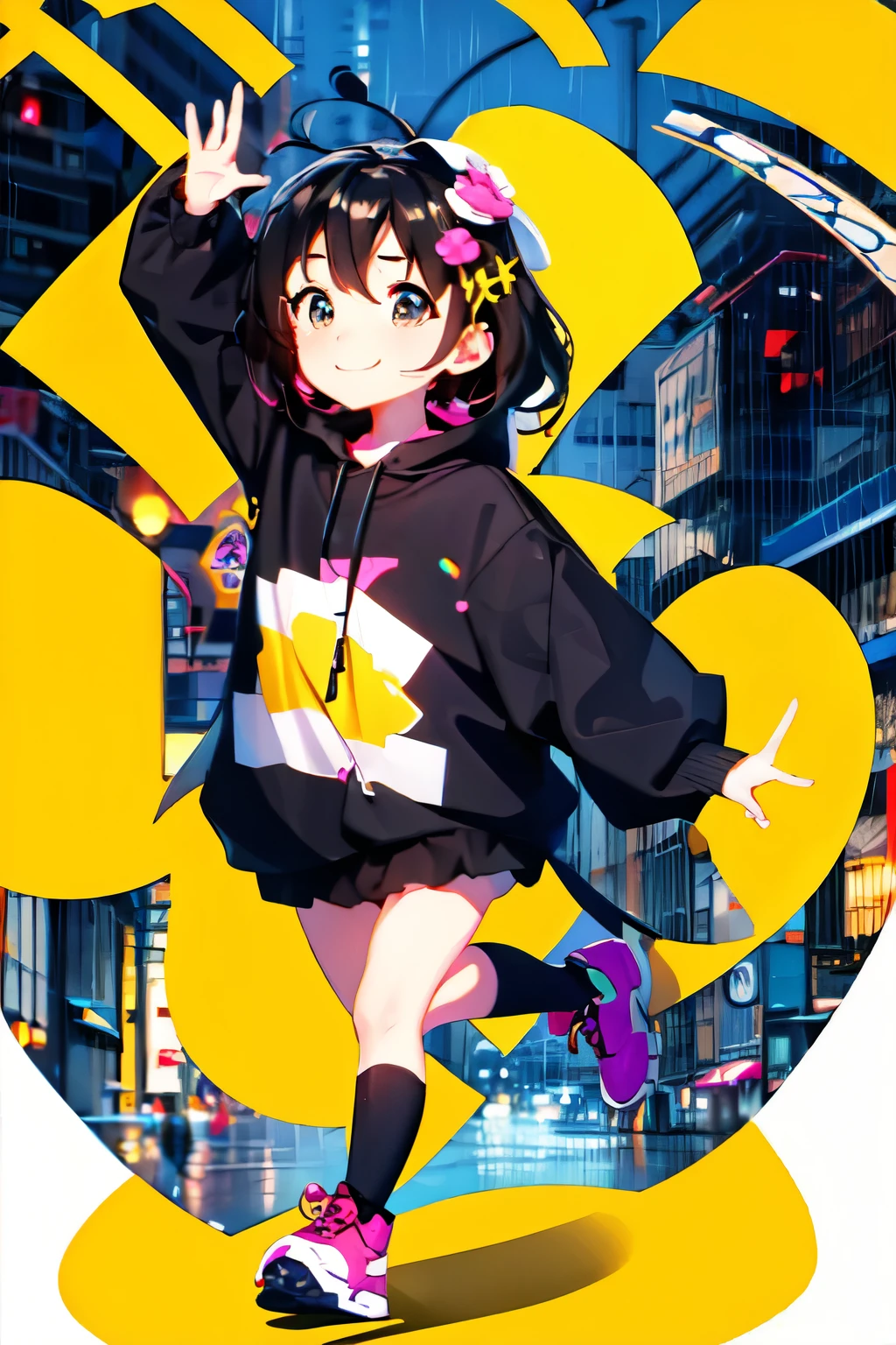 uhd, high quality, high details, chibi,1 Girl, solo, In the Rain, dance, smile, rotate, smile, Colorful raincoats, Boots, puddle, Bouncing splashes, City night view, Street lamp, raindrop, Uplifting, Energetic,
