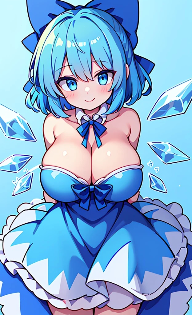 masterpiece,Highest quality,1 Girl,alone,Pokémon-like art style, (gigantic breasts:1.3), From before, Cleavage, cirno_touhou, 1GIRL, cirno, 独奏, blue HAIR, BOW, HAIR BOW, SHORT HAIR, blue eyes, blue BOW, wings, ICE, ICE wings, DRESS, blue DRESS, blue_HAIR, BOW, cirno, SHORT_HAIR, HAIR_BOW, wings, blue_eyes, ICE, ICE_wings, blue_BOW, RIBBON, SMILE