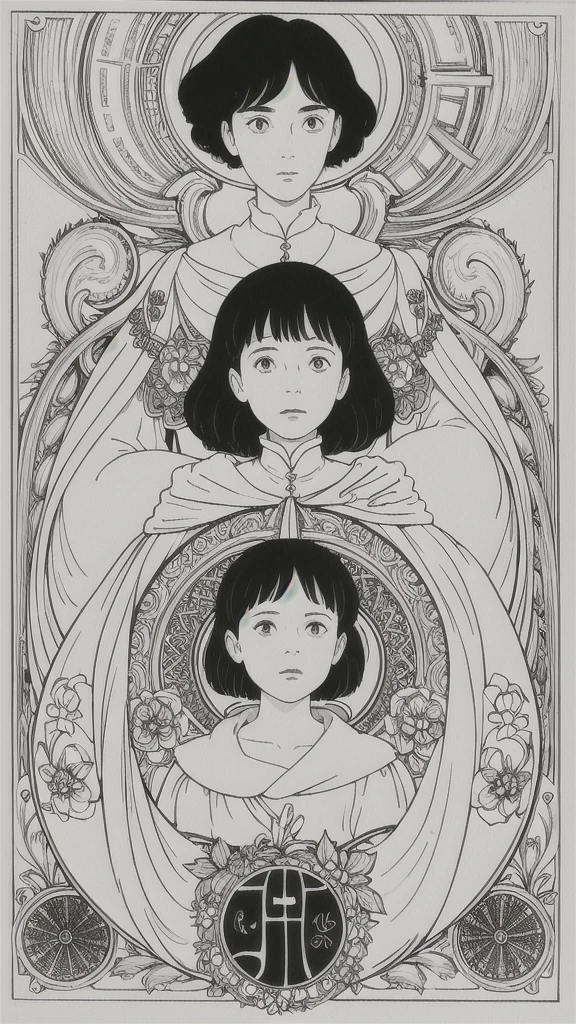 (absurd, high resolution, super detailed), 1 female, diamond blue eyes, white mix black hair, scholarly temperament, all black formal wear, Victorian clothing, black cape, (cold beauty: 1.2), cat-like temperament, adult, handsome and pretty, thin muscle women, broad shoulders, fine eyes and detailed face, fool arot card, fool, clown, symbolism, visual arts, occult, universal, visual projection, philosophy, iconography, numerology, art, alfonse mucha