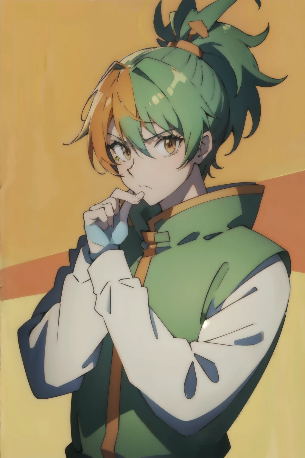 I would like you to create a male anime character (naughty man) with the carrot outfit, green hair and orange eyes. 2d anime character
