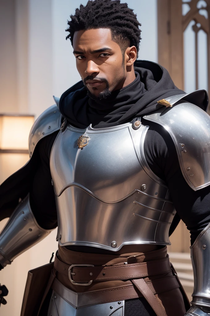 Black man with honey eye color, almost a dilf than a medieval knight with a strong build (アニメ)