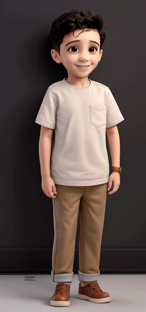 Treatment, solo boy in casual outfit school background, boy standing looking at camera and smiling, wall with alphabet