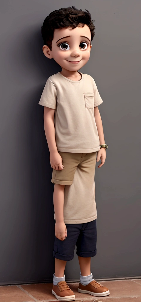 Treatment, solo boy in casual outfit school background, boy standing looking at camera and smiling, wall with alphabet