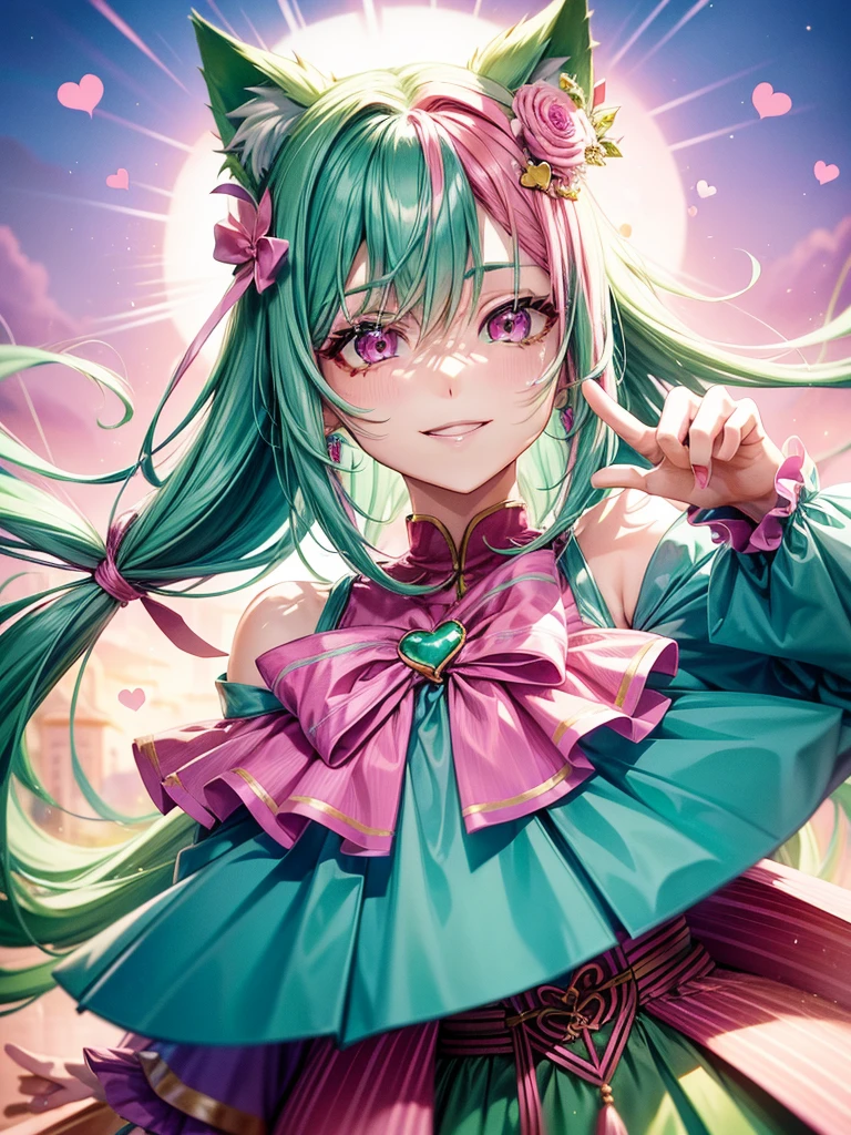 (( Pink green hair color)), pink eyes, woman, teal blue gold clothes,happy face, sexy outfit, cat ears, hearts, floating hearts, face only,  long hair, smiling, hair ornament, up close face,  sexy clothes, sexy women , closed mouth smile, up close face, hair bows l