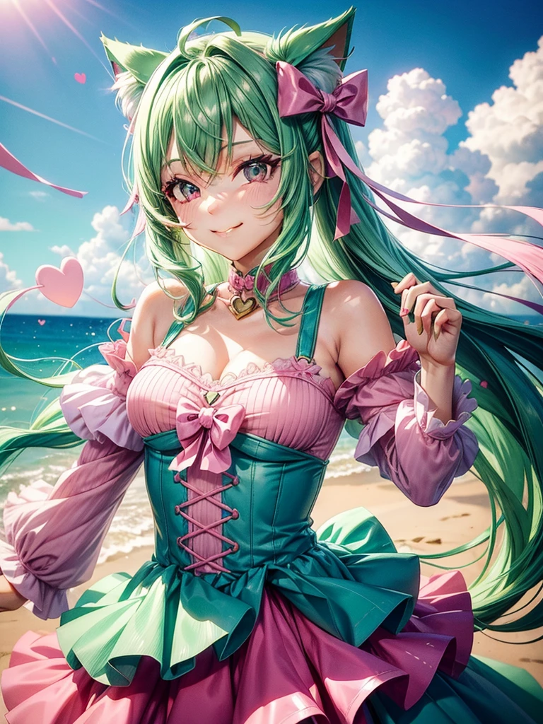 (( Pink green hair color)), pink eyes, woman, teal blue gold clothes,happy face, sexy outfit, cat ears, hearts, floating hearts, face only, long hair, smiling, hair ornament, up close face, sexy clothes, sexy women , closed mouth smile, up close face, hair bows l