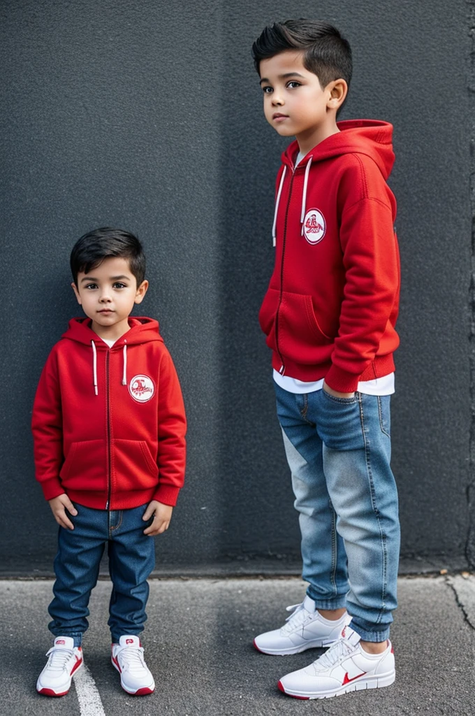 A 5-year-old boy who is wearing a red hooded sweater and a light blue denim jacket., black pants and white tennis shoes