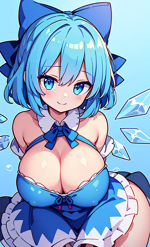 masterpiece,Highest quality,1 Girl,alone,Pokémon-like art style, (gigantic breasts:1.3), 前から, CIRNO_TOUHOU, 1GIRL, CIRNO, SOLO, BLUE HAIR, BOW, HAIR BOW, SHORT HAIR, BLUE EYES, BLUE BOW, WINGS, ICE, ICE WINGS, DRESS, BLUE DRESS, BLUE_HAIR, BOW, CIRNO, SHORT_HAIR, HAIR_BOW, WINGS, BLUE_EYES, ICE, ICE_WINGS, BLUE_BOW, RIBBON, SMILE