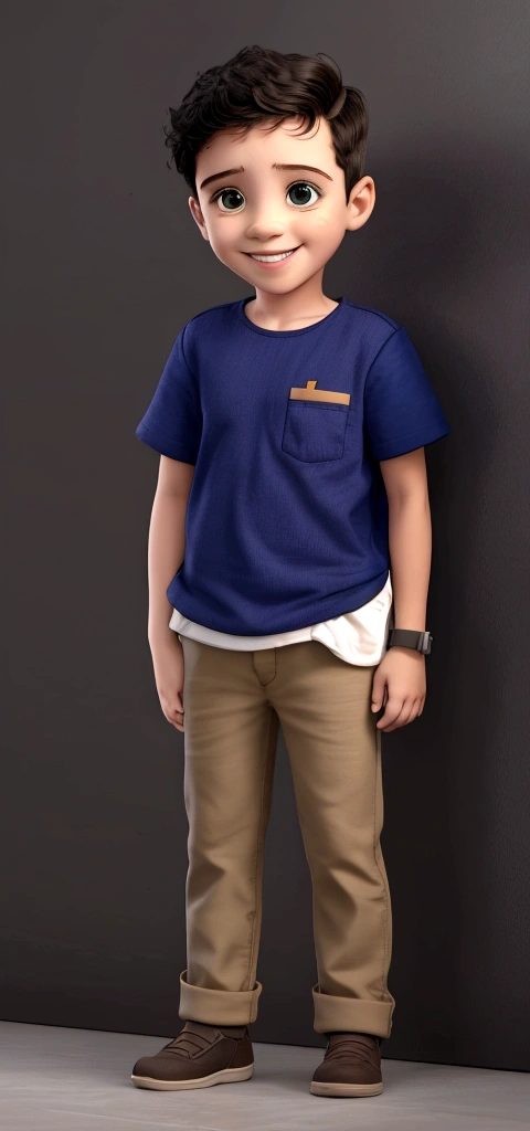 Treatment, solo boy in casual outfit school background, boy standing looking at camera and smiling, wall with alphabet