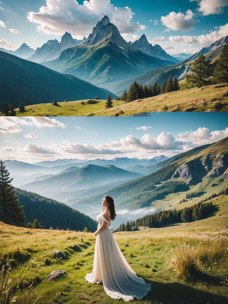 a beautiful woman in a serene natural landscape, detailed wood elements, clouds, outdoor scene, sky, sun, mountains, grass, nature, mksks art style, best quality, masterpiece, extremely detailed, photorealistic, 8k, hyperrealistic