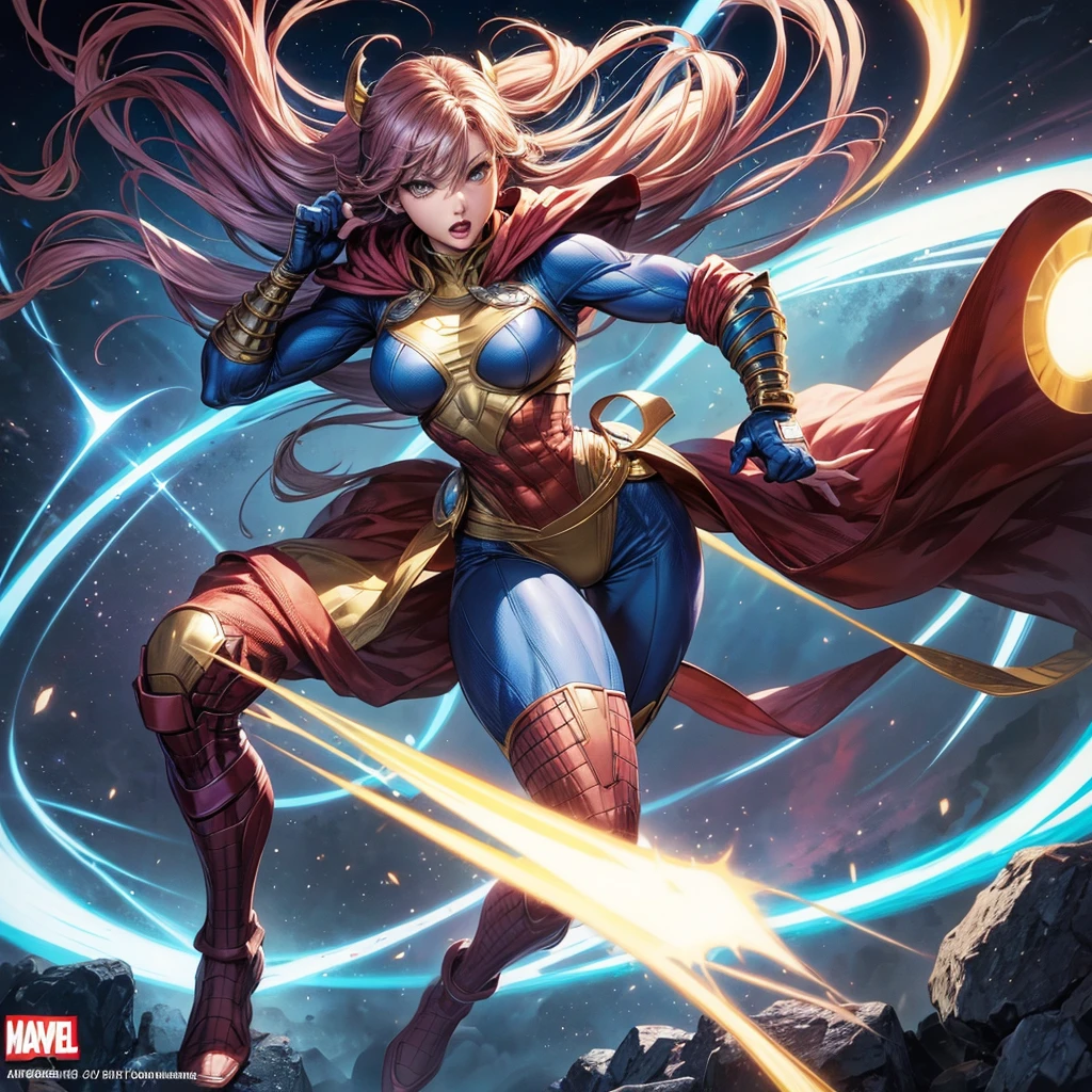 ((Jim Lee Style)) Render a full-body portrait of Marvel's Dazzler in a fierce pose against a neon-lit city backdrop, Fireworks explode overhead. Long blonde hair, She is demonstrating her strength, There's a bright light trail behind her, Shining up her white punk rock outfit. Always capture the unique sound waves emitted from your hands、Include some vinyl records scattered around to show the power of the music theme.。.