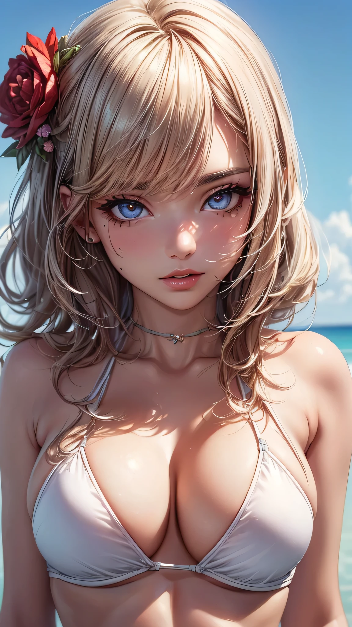 ((Highest quality, 16K, masterpiece: 1.3)), (beauty: 1.2, Slim Abs: 1.2), (Ultra detailed face, Highly detailed lips, Fine grain, double eyelid), (White see-through bikini), 1 female, Short bob woman, One mole on the right breast