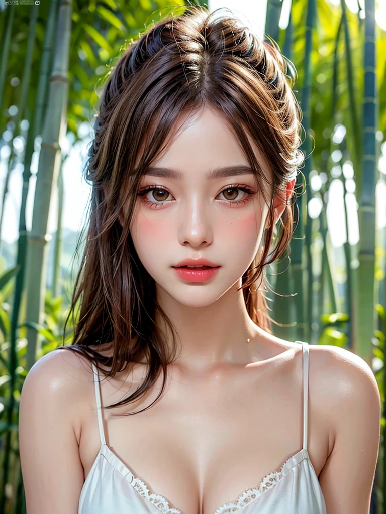 masterpiece, best quality, extremely detailed CG unity 8k wallpaper, A detailed and highly detailed vermilion kimono、lips, Open_mouth, Realistic, photograph_\(Moderate\), alone, (masterpiece),(photographRealistic:1.3), Very detailed, (Skin with attention to detail:1.2),(Highest quality:1.0), (Ultra-high resolution:1.0), Wavy thin hair, Long Hair, (Beautiful and detailed makeup), (Sexually excited、Blushing、breathing becomes rough:1.0), In a bamboo forest with many strips of paper in the background。