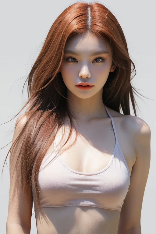 jennie1,1girl, solo, (realistic),(hyperrealism),(best quality),(masterpiece),(ultra high res),(photorealistic),(film grain),(upper body),eye makeup,detailed eyes,detailed face, ginger hair, midriff, micro bikini, posing for a photo, simple background