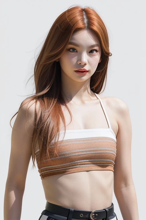 jennie1,1girl, solo, (realistic),(hyperrealism),(best quality),(masterpiece),(ultra high res),(photorealistic),(film grain),(upper body),eye makeup,detailed eyes,detailed face, ginger hair, midriff, micro bikini, posing for a photo, simple background