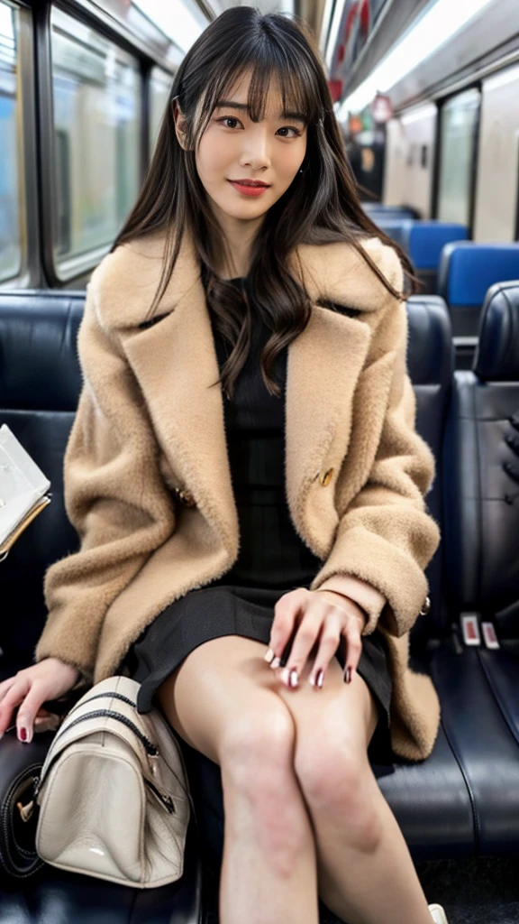 A full-body photo of a mature Japanese gal with flashy hair wearing a cute fur coat, leather shoes, and shiny, thin, short black leather gloves.,sitting cross-legged,Inside the train,Voyeur,Heavy makeup face eyeshadow,mascara,cross the her legs,Ultra-detailed face, open eyes,((Legs crossed)).Smelly ankle-length black socks, Ultra Mini Skirt,She looks at the photographer with an inviting expression.,School Bags,This photo was taken in daylight with soft lighting..、sitting in a subway train seat.。. This photo was taken by someone on their cell phone..、Apparently it was posted on Snapchat.。. 