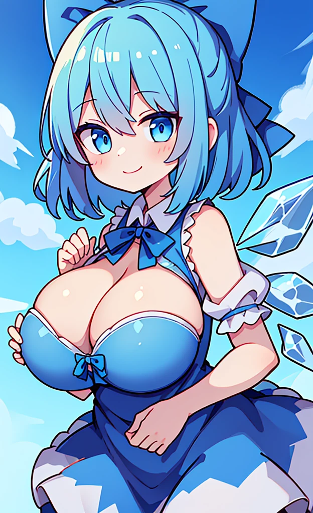 masterpiece,Highest quality,1 Girl,alone,Pokémon-like art style, (loli, gigantic breasts:1.3), 前から, CIRNO_TOUHOU, 1GIRL, CIRNO, SOLO, BLUE HAIR, BOW, HAIR BOW, SHORT HAIR, BLUE EYES, BLUE BOW, WINGS, ICE, ICE WINGS, DRESS, BLUE DRESS, BLUE_HAIR, BOW, CIRNO, SHORT_HAIR, HAIR_BOW, WINGS, BLUE_EYES, ICE, ICE_WINGS, BLUE_BOW, RIBBON, SMILE