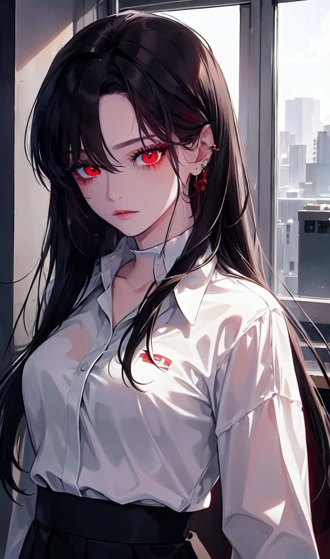 1girl, portrait, earrings, solo,lips, female focus, red eyes, looking at viewer, black hair, long hair, closed mouth, Cigarette