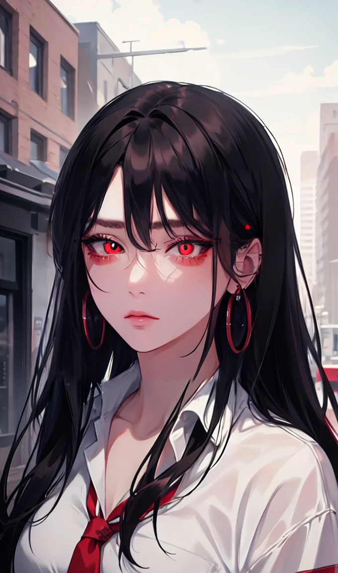 1girl, portrait, earrings, solo,lips, female focus, red eyes, looking at viewer, black hair, long hair, closed mouth, Cigarette