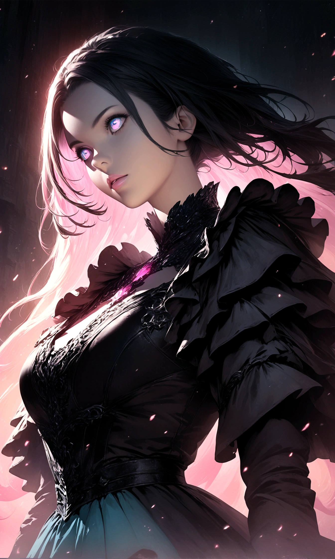 (masutepiece:0.7), (best quality, pastel colors illustration:1.3), 1girl, extremely detailed eyes and face, beautiful long eyelashes, beautiful detailed lips, intricate gothic lolita dress, bright pink bow, monochrome dress, magic girl portrait, anime art wallpaper, 8k, 4k, highres, best quality, masterpiece, photorealistic, ultra-detailed, sharp focus, vivid colors, darkfantasy, magical realism, cinematic lighting, dramatic shadows, dramatic atmosphere,