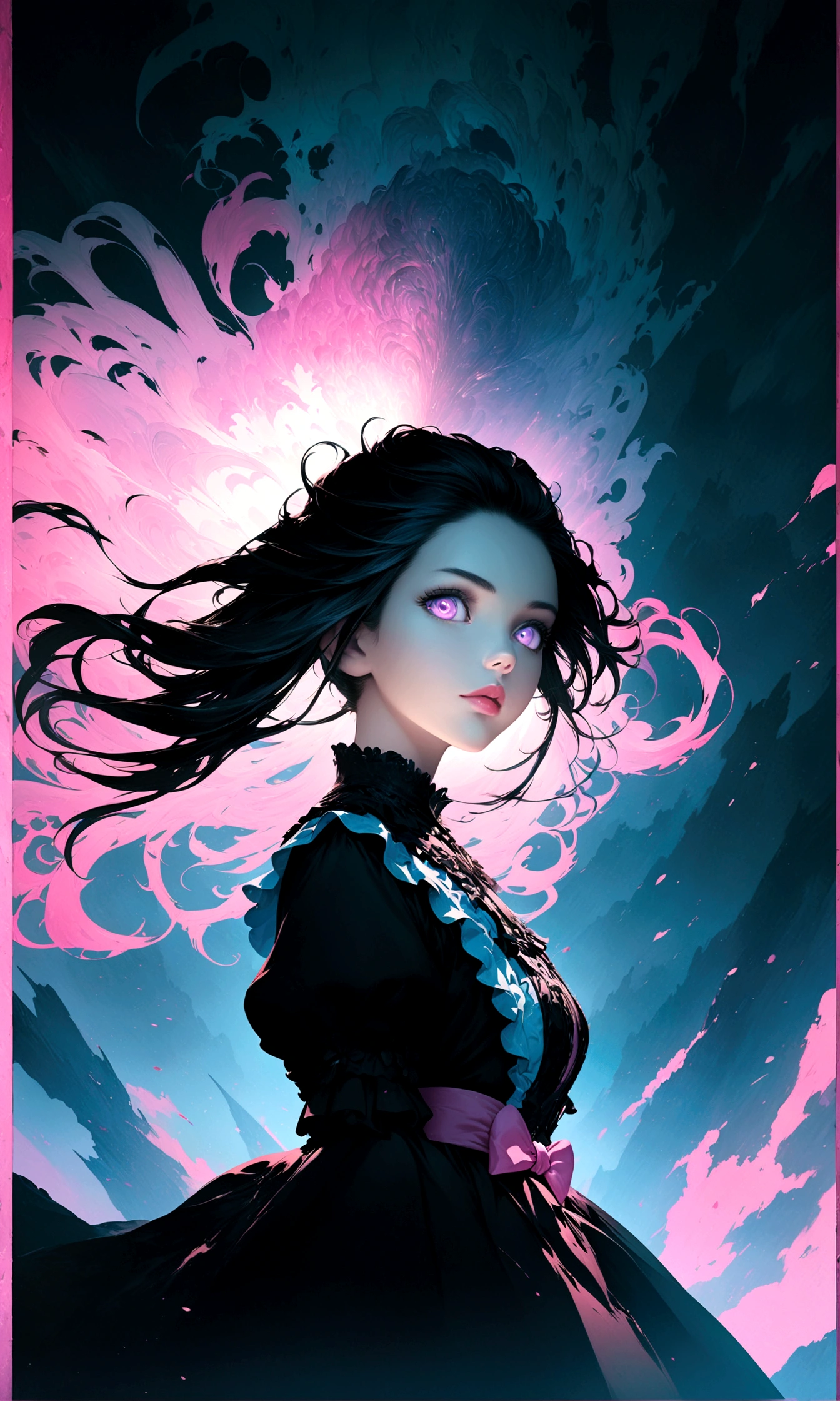 (masutepiece:0.7), (best quality, pastel colors illustration:1.3), 1girl, extremely detailed eyes and face, beautiful long eyelashes, beautiful detailed lips, intricate gothic lolita dress, bright pink bow, monochrome dress, magic girl portrait, anime art wallpaper, 8k, 4k, highres, best quality, masterpiece, photorealistic, ultra-detailed, sharp focus, vivid colors, darkfantasy, magical realism, cinematic lighting, dramatic shadows, dramatic atmosphere,