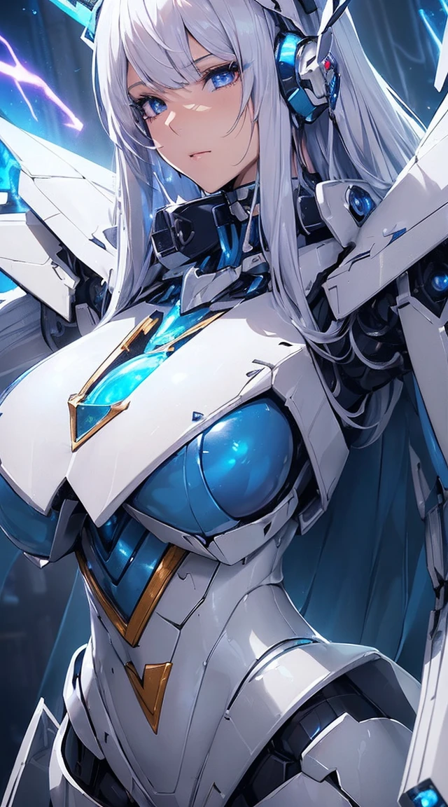 ((Extreme close up:1.6))、(((Lenses shining on both breasts:1.3)))、((A blue pillar of light emanates from both of his chests..:1.3))、break、(((Dynamic pose:1.8)))、smile、((8K)), ((32k)), ((Highest quality)), ((masterpiece)), ((超A high resolution)), ((Tmasterpiece)), ((Halation:1.4))、((Mechaニカルheadgear:1.2))、((Cyber Headphones:1.3))Fine skin, High quality fabric, High-quality metal texture、((Beautiful and dense face))、RAW Photos、Professional, Ultra-fine painting, ((alone)), Beautiful breasts、Highest quality, Very detailed, Very detailed詳細, Finer details, so beautiful, ((Princess Knight Robot:1.2)), (Joint of the machine, Mechanical Limbs:1.3), (The internal structure of the machine is exposed:1.3), (Long silver hair:1.1), (Beautiful and huge mechanical breasts)、White Veil, cowboy_shot, Side Focus, headgear, Shiny、(Five Fingers, Four fingers and thumb),Concept Art, Anime fantasy artwork, Detailed fantasy art, (with pale blue-violet hair and large white wings,,,,,,,,), (((Long silver hair))), (Mecha:1.6)、Sleek and intimidating design, ((Commander-in-Chief'arm)), (Perfect robot body)、純白と青紫のarmまたは, Symmetrical wings, 8K High Resolution, Detailed Art, 3D rendering of character art in 8K, neat legs, Defined, Defined fingers,((headshot:1.3))