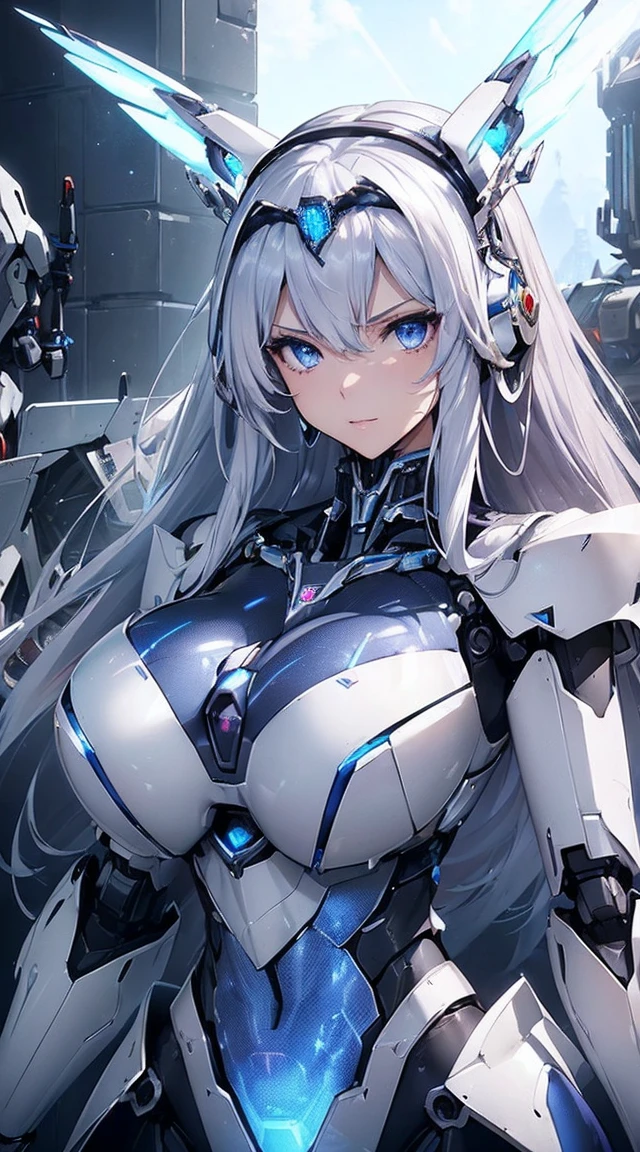 ((Intense action pose:1.6))、((Shining lenses on both breasts:1.3))、((Blue pillars of light are emanating from both chests.:1.3))、smile、((8K)), ((32k)), ((Highest quality)), ((masterpiece)), ((超A high resolution)), ((Tmasterpiece)), ((Halation:1.4))、((Mechaニカルheadgear:1.2))、((Cyber Headphones:1.3))、Fine skin, High quality fabric, Fine metal texture、((Beautiful and dense face))、RAW Photos、Professional, Ultra-fine painting, ((alone)), Beautiful breasts、Highest quality, Very detailed, Very detailed詳細, Finer details, so beautiful, ((Princess Knight Robot:1.2)),  (Joints of machines, Mechanical Limbs:1.3), (The internal structure of the machine is exposed:1.3), (Long silver hair:1.1), (Beautiful and huge mechanical breasts)、White Veil, cowboy_shot, Side Focus, headgear, Shiny、(Five Fingers, Four fingers and thumb),Concept Art, Anime fantasy artwork, Detailed fantasy art, (with pale blue-violet hair and large white wings,,,,,,,), (((Long silver hair))), (Mecha:1.6)、Sleek and intimidating design, ((Commander-in-Chief&#39;arm)), (Perfect robot body)、純白と青紫armまたは, Symmetrical wings, 8K high quality, detailed art, 3D rendering of character art in 8K, neat legs, Defined, Defined fingers,