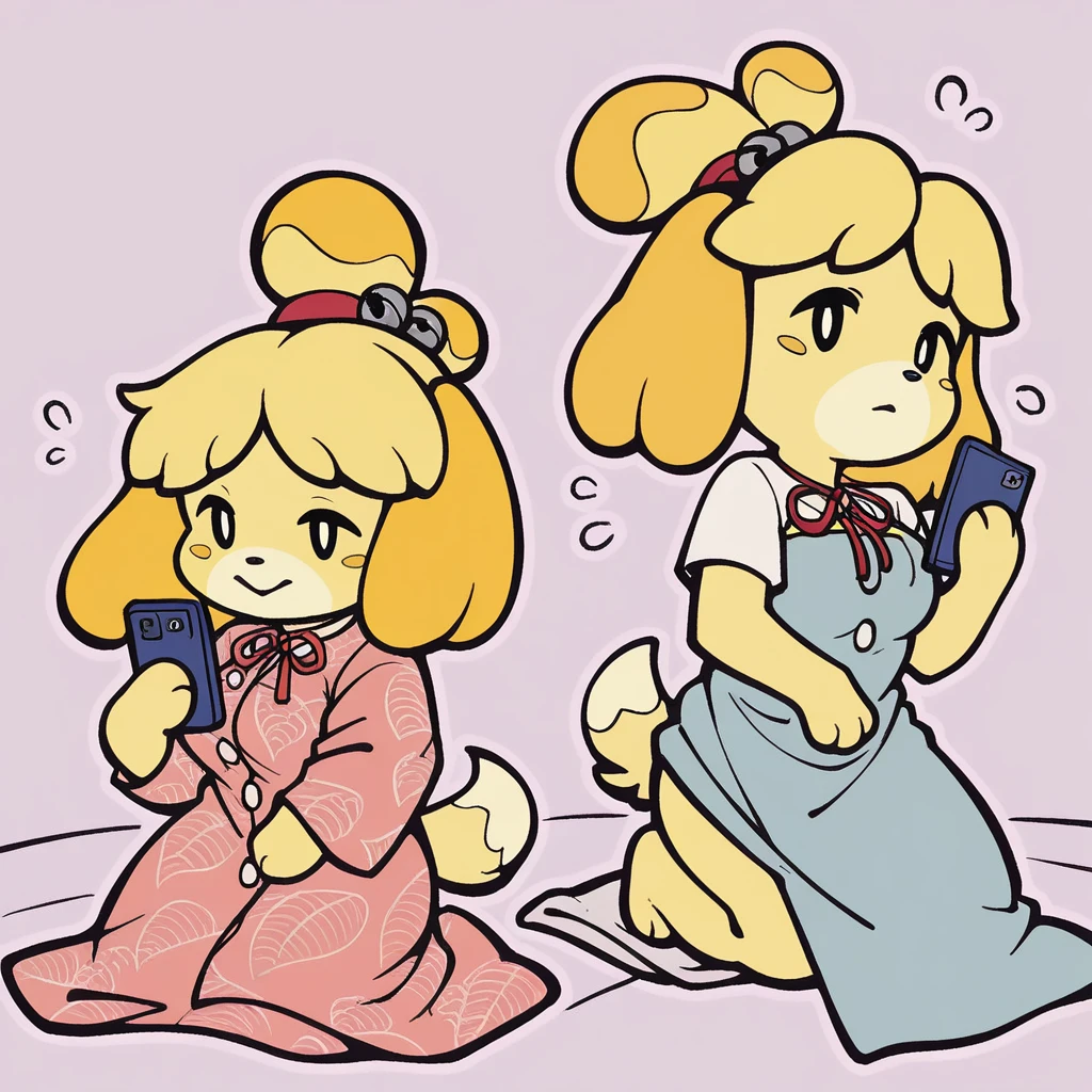 score_9_presence, score_8_up, isabelle, animal crossing, wrapped in towel, medium breasts, holding phone