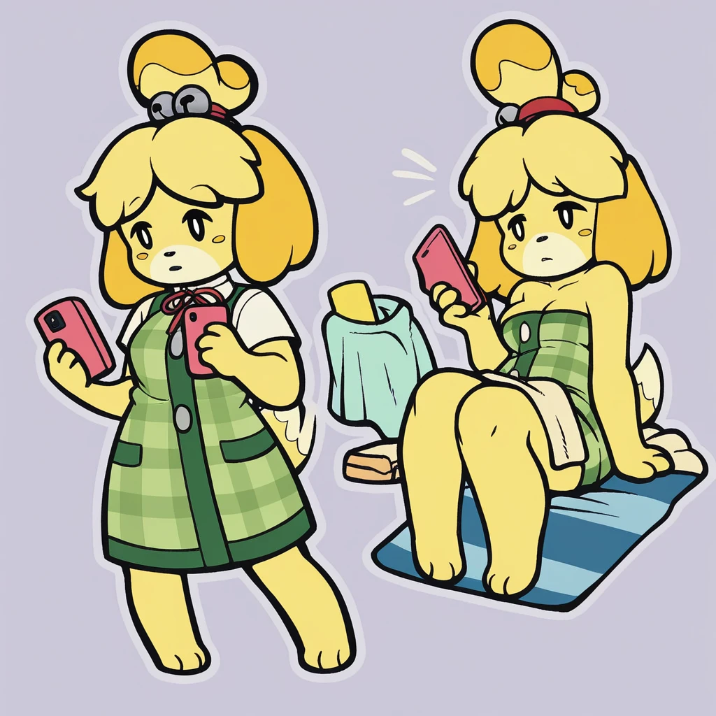 score_9_presence, score_8_up, isabelle, animal crossing, wrapped in towel, ??????????????, holding phone