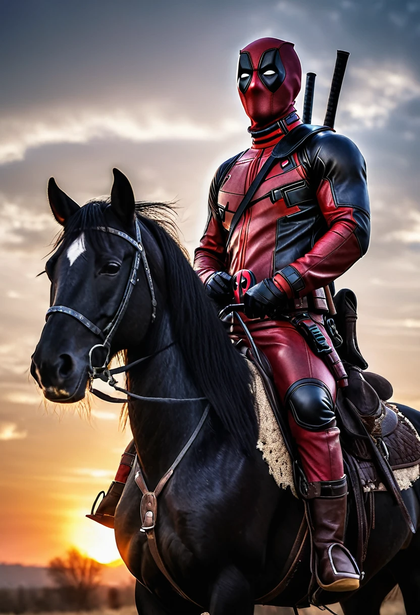 Deadpool in a cowboy jacket, on a black horse against the sunset. Realistic photo