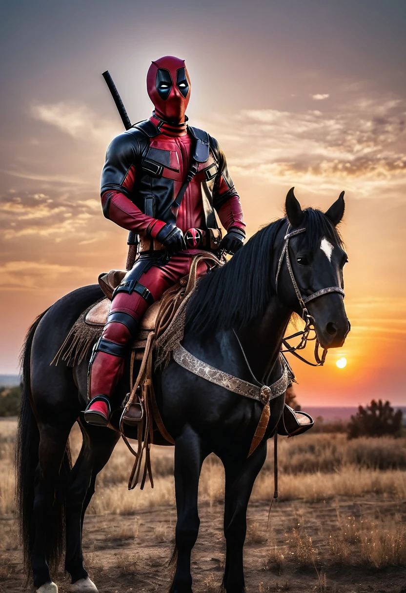 Deadpool in a cowboy jacket, on a black horse against the sunset. Realistic photo