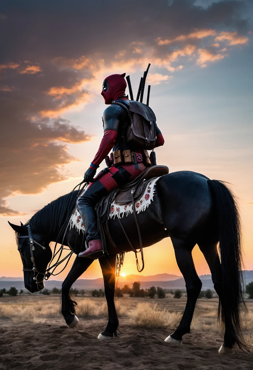 Deadpool in a cowboy jacket, on a black horse against the sunset. Realistic photo