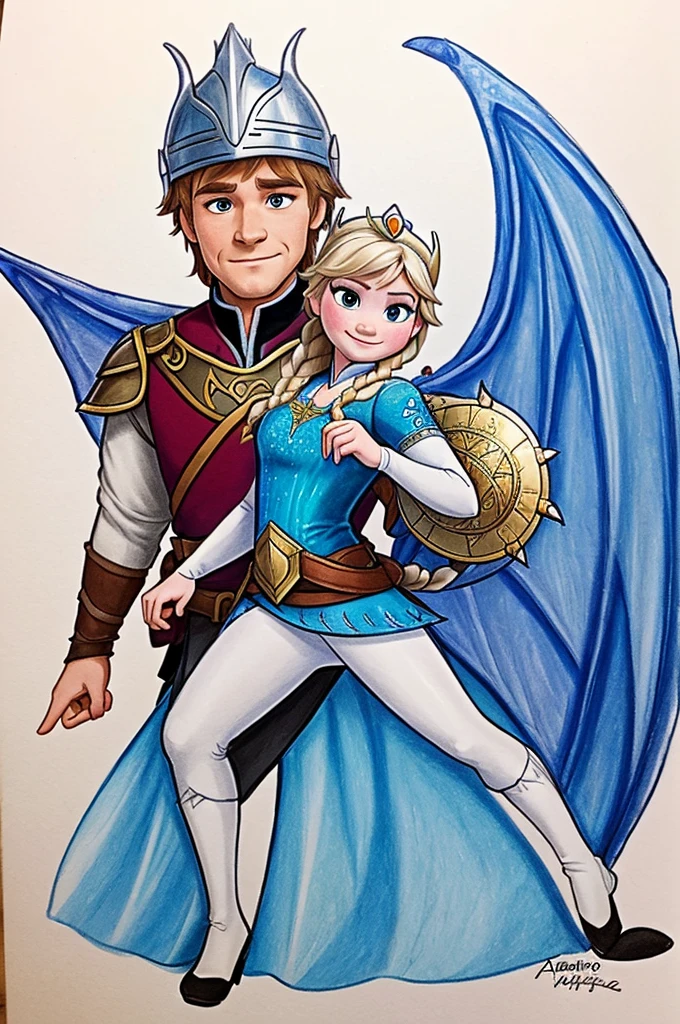 a simple t-shirt drawing of Anna from the movie Frozen wearing a princess costume, Kristoff as a knight with a tunic, helmet and a shield and Sven as a fierce but adorable dragon with scales, wings and a tail