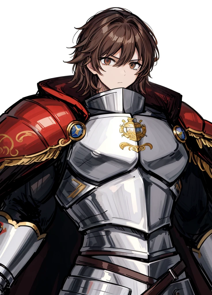 1boy, handsome face, brown hair, knightly armor, powerful warrior, nice clothes, (high resolution, high detail, best quality), muscular, serene, white background