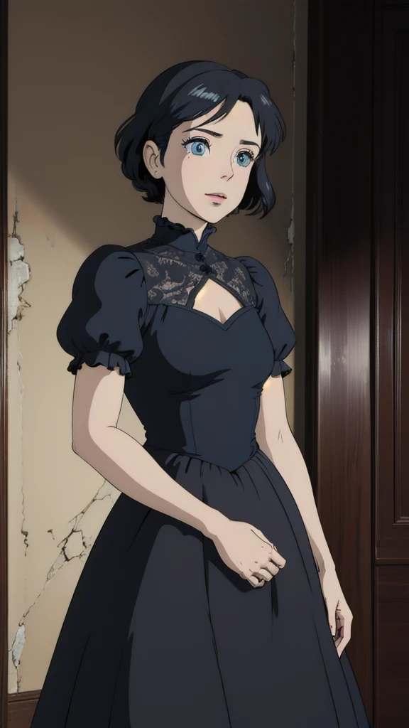 masterpiece, best quality, highres, 1girl, solo, anastasia (idolmaster), idolmaster cinderella girls, blue diamond eyes, short hair, grey and black hair, black dress, cowboy shot, , closed mouth, upper_body,