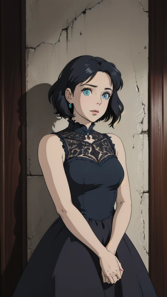 masterpiece, best quality, highres, 1girl, solo, anastasia (idolmaster), idolmaster cinderella girls, blue diamond eyes, short hair, grey and black hair, black dress, cowboy shot, , closed mouth, upper_body,