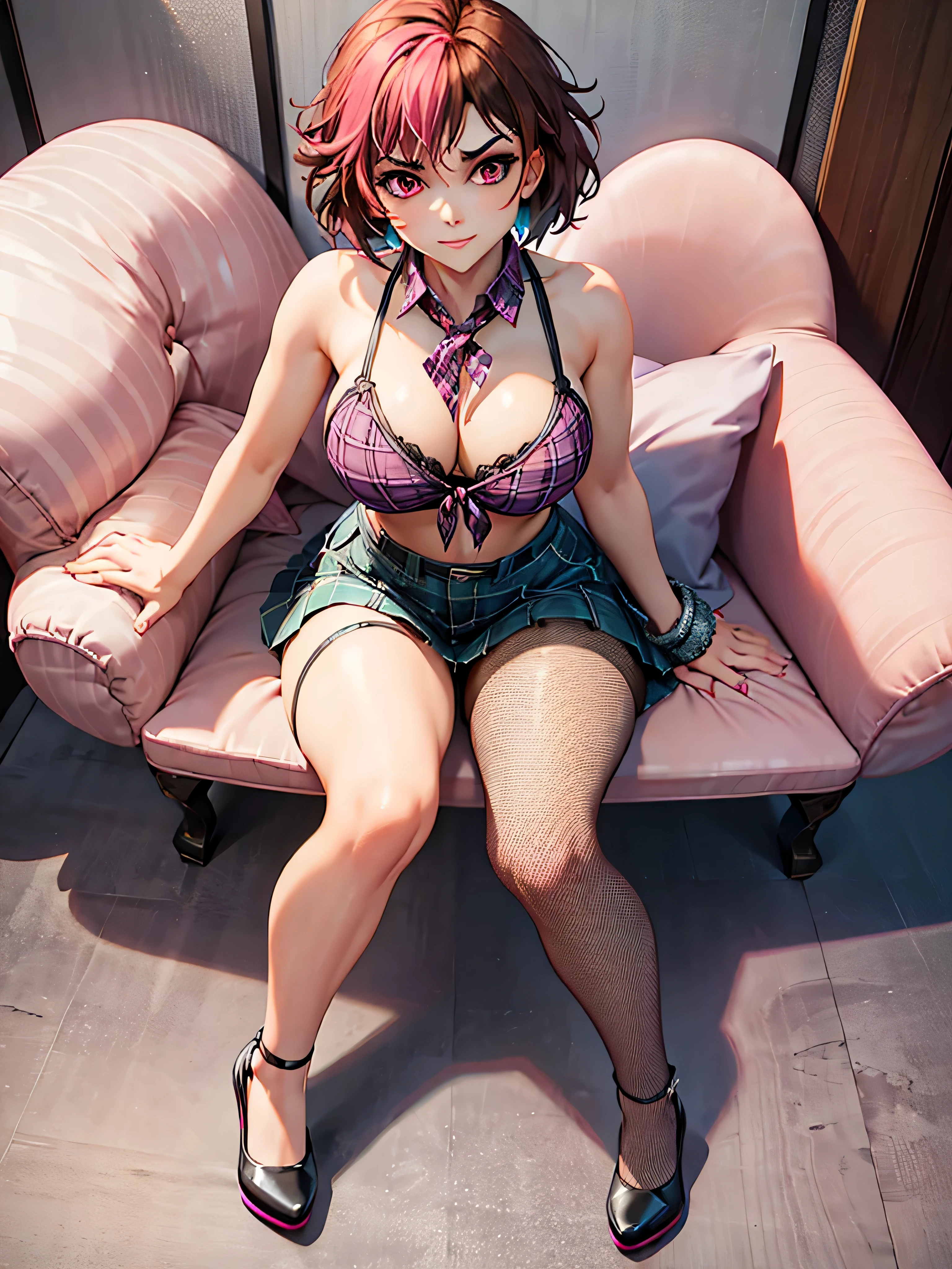 merula, thighs, tonified legs, solo girl, pink high heels, wide hips, small breast, wearing edgShort&Fishnets , pink plaid tied_shirt, sitting