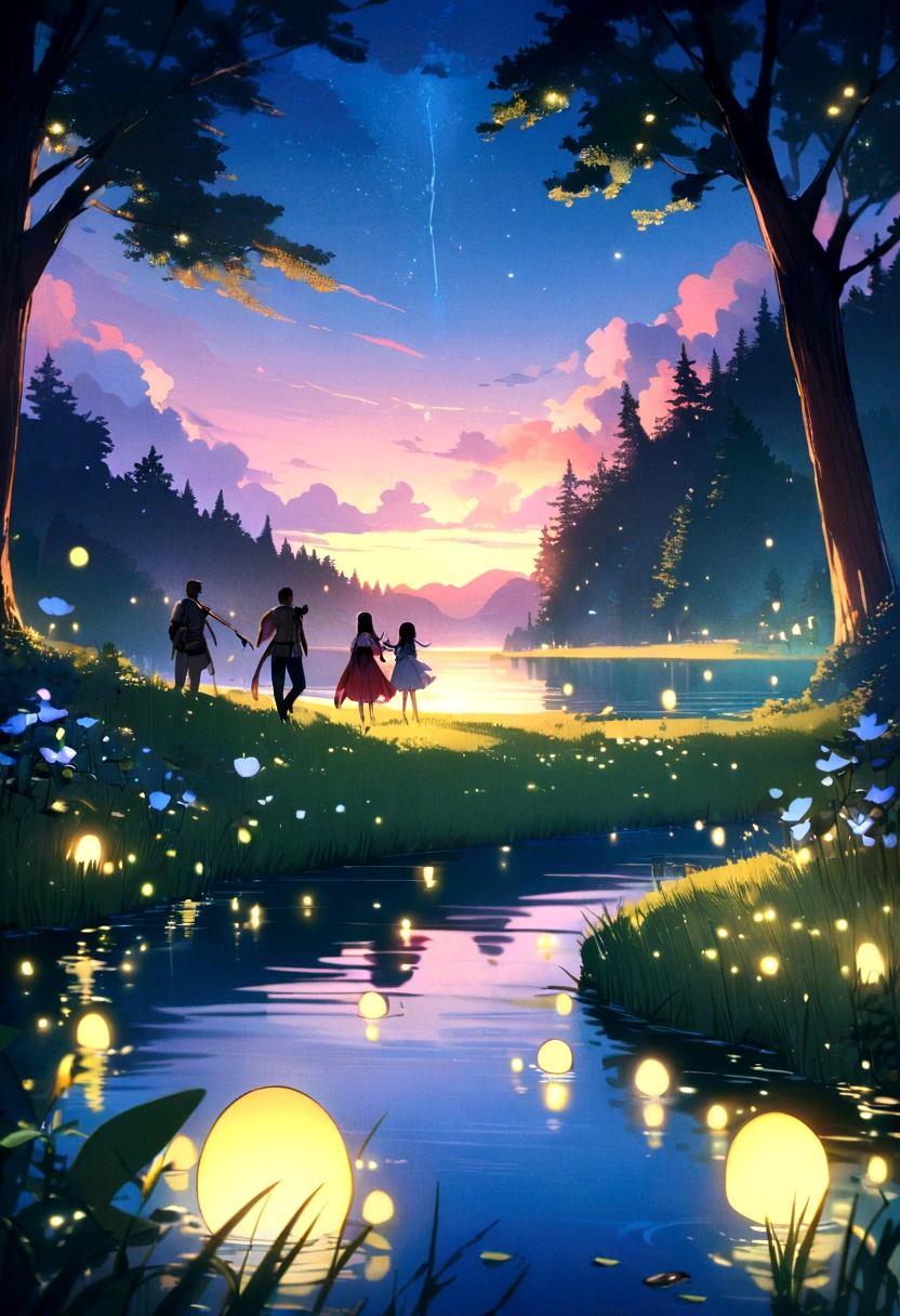 (masterpiece,4K,8K,wallpaper)、Lake with a lot of fireflies、Fantasy World、men and womenが抱き合ってキスしようとする、The fantastic light of fireflies、Romantic view、Shining Lake、Fantastic World、beautiful、men and women