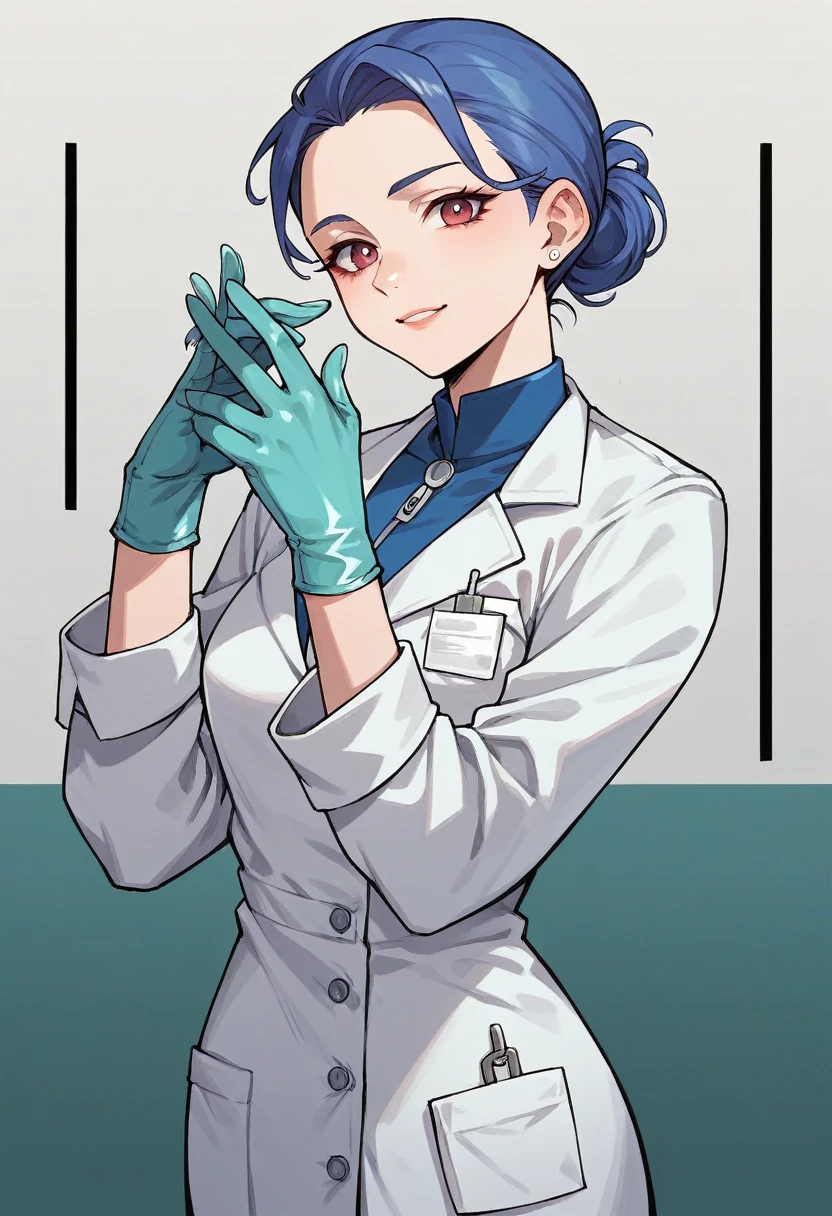 1girl, ((cuan gloves)), ((surgical gloves)), ((latex gloves)), ((long sleeves)) ((blue surgeon outfit)), looking at viewer, ((doctor outfit)), standing, solo