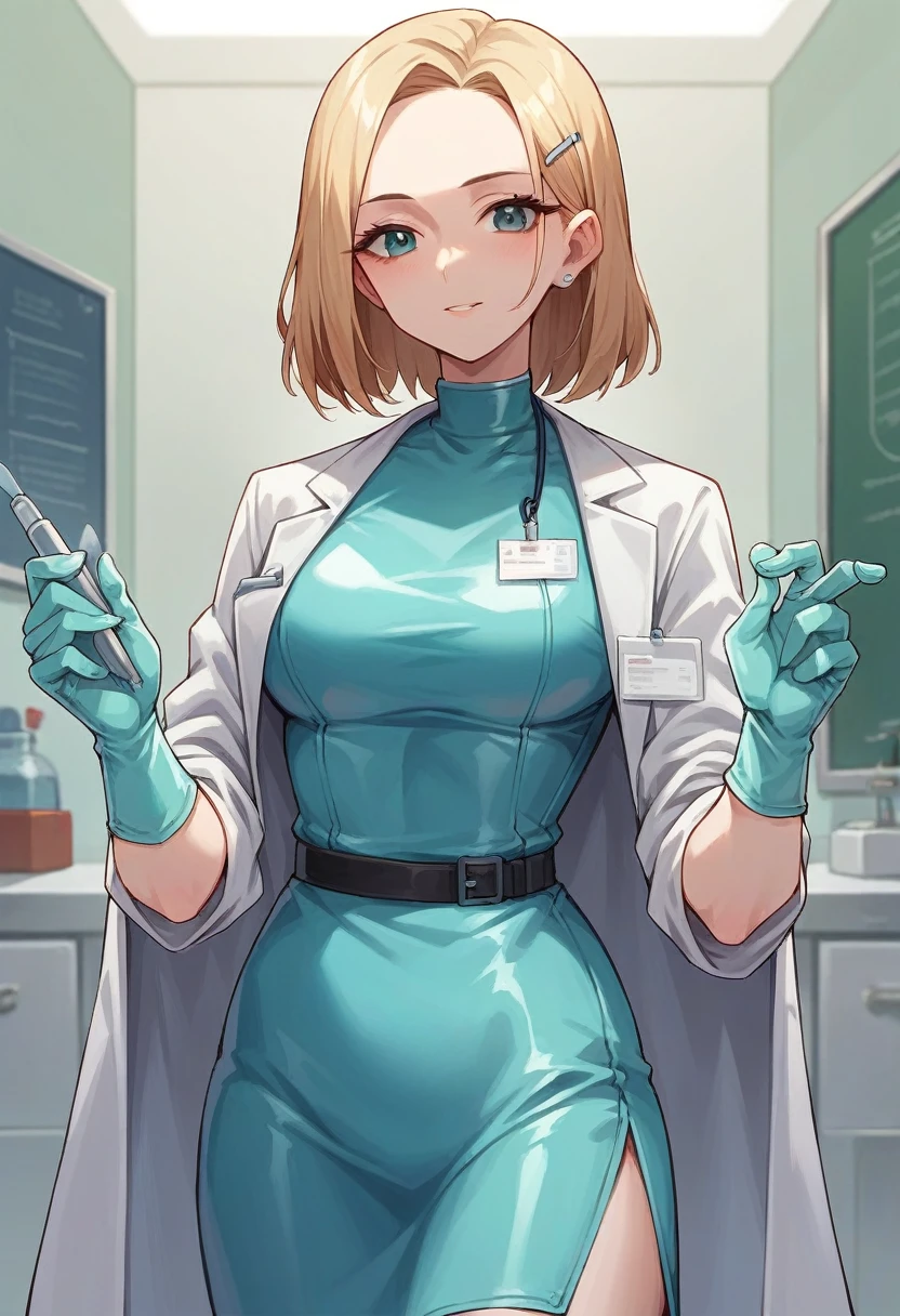 1girl, ((cuan gloves)), ((surgical gloves)), ((latex gloves)), ((long sleeves)) ((blue surgeon outfit)), looking at viewer, ((doctor outfit)), standing, solo