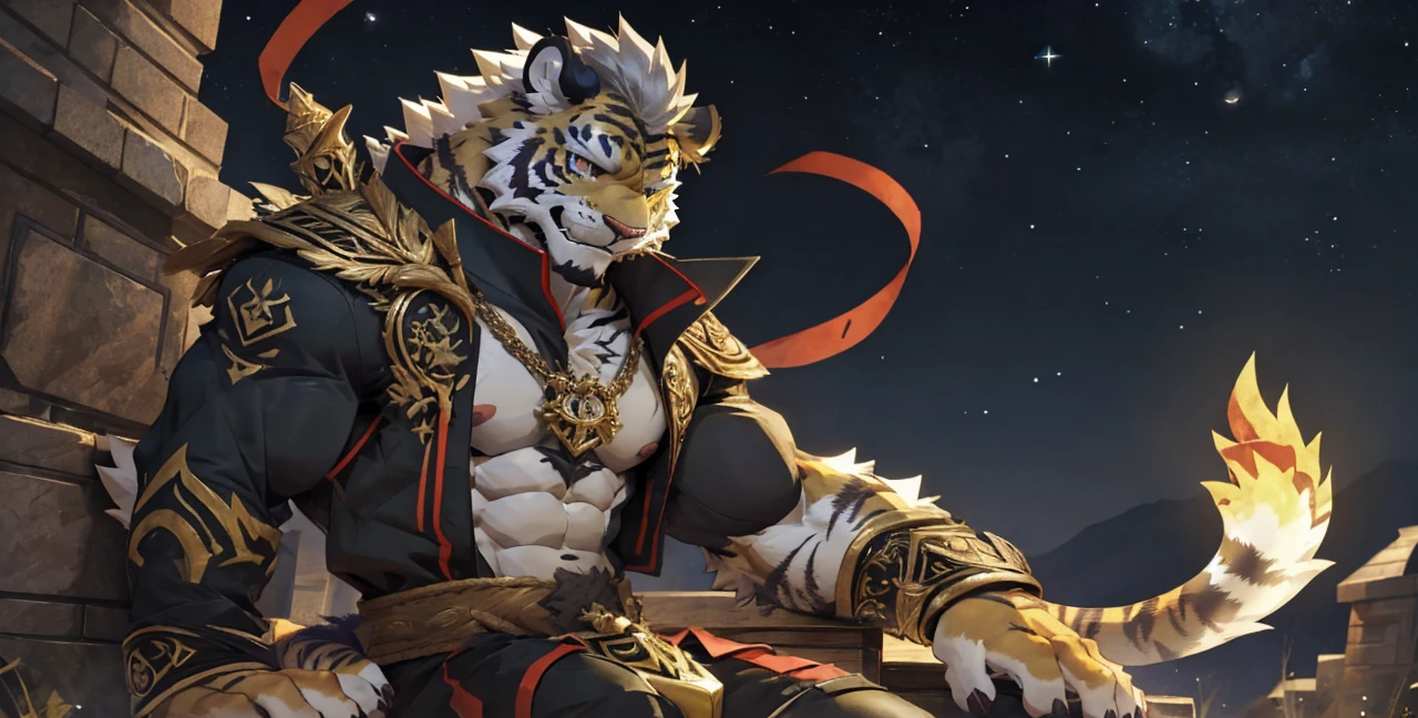 Solo, tiger, black tiger, tiger male, gray hair, white body fur, muscular male, elder male, light red eyes, wearing nothing, gray fur tuft, eastern necklace, star night background, ( by Sollyz, masterpiece, 8k, hd), Looking at viewer, smiling, detailed face, detailed eyes, detailed hair, detailed muscles, detailed clothes, Genshin, nude lower body, bulge on crotch,