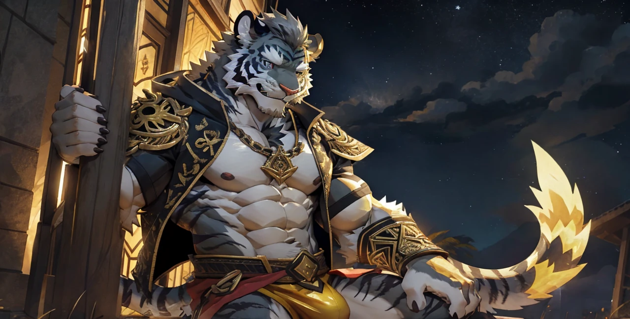 Solo, tiger, black tiger, tiger male, gray hair, white body fur, muscular male, elder male, light red eyes, wearing nothing, gray fur tuft, eastern necklace, star night background, ( by Sollyz, masterpiece, 8k, hd), Looking at viewer, smiling, detailed face, detailed eyes, detailed hair, detailed muscles, detailed clothes, Genshin, nude lower body, bulge on crotch,